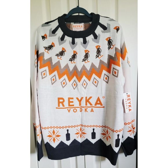 Reyka Vodka Christmas Sweater Tipsy Elves Puffin Bird Fair Isle Mens L NWT - Picture 1 of 12
